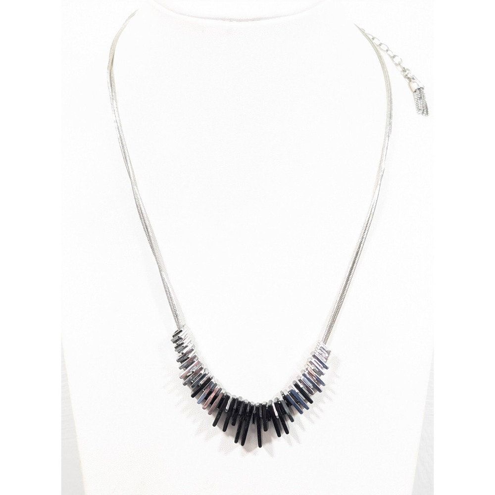 Silver Tone Black Geometric Fringe Statement Necklace Industrial Goth Modern